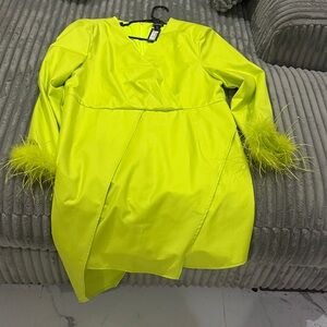Vibrant Green/Yellow Women's Dress with Feather Accents